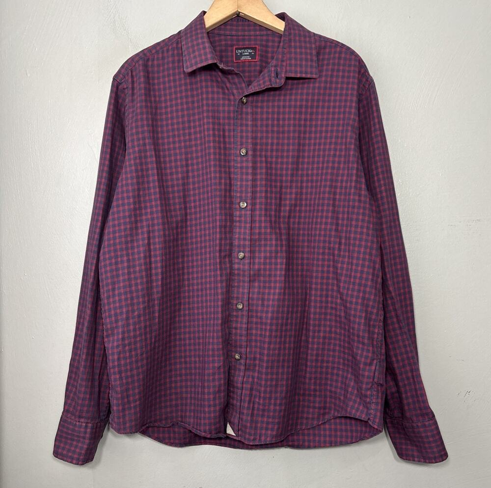 Untuckit Button Up Andretti Shirt Mens Size Large Red Navy Blue Plaid Cotton